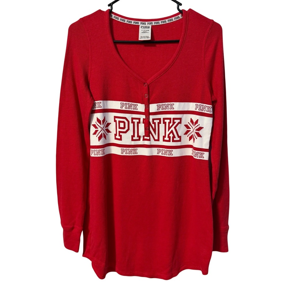 PINK Henley Sleep Shirt Womens Small Red Thermal Snowflake
